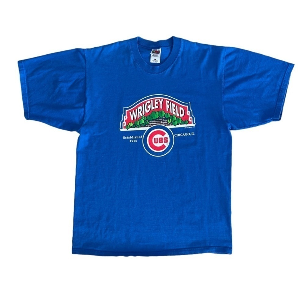 Vintage 1998 MLB Chicago Cubs Wrigley Field Graphic T-Shirt Blue L